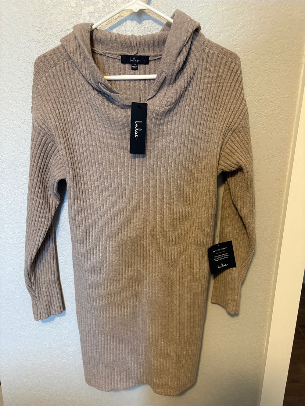 Lulu's Taupe Ribbed Hooded Sweater Dress